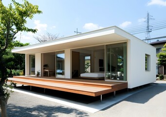 Canvas Print - Modern White House With Wooden Deck And Large Windows