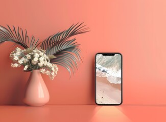 Canvas Print - Coral Background with Palm Leaves and Phone Mockup