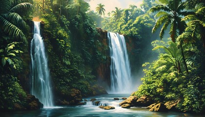 Wall Mural - tranquil waterfall meandering through a vibrant tropical jungle surrounded by lush greenery