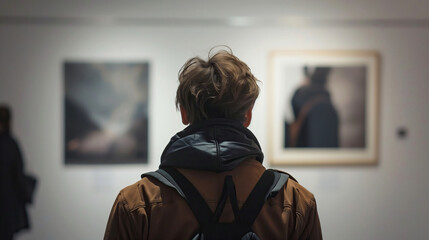  A man with short hair wearing casual stands in an art gallery, looking at two photographs hanging on the wall in front of him