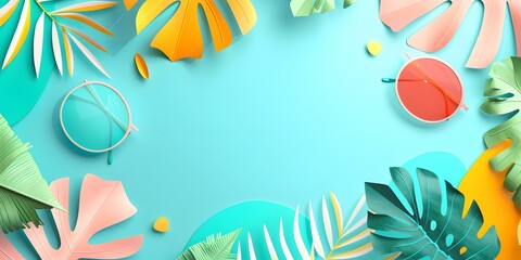 Sticker - Tropical Summer Background with Paper Leaves and Sunglasses