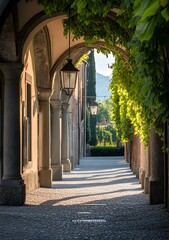 Poster - Stone Archway With Ivy Covered Walls And Cobblestone Path