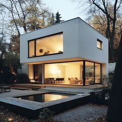 Sticker - Modern White House with Large Windows and a Pool in the Backyard