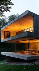 Poster - Modern Concrete House With Large Windows In Forest