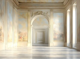 Canvas Print - White Hallway With Arched Entrance And Light Painting On Walls