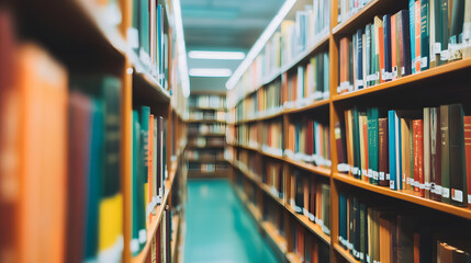 Library. Bookshelves with books and textbooks. Learning and education concept