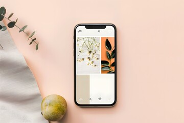 Wall Mural - Flat Lay with Smartphone and Green Leaves