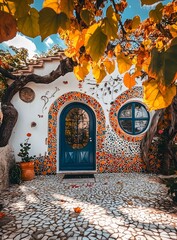 Wall Mural - Autumn Leaves and Colorful Mosaic Decorated Doorway