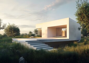 Canvas Print - Minimalist Concrete House with Glass Windows in a Lush Meadow