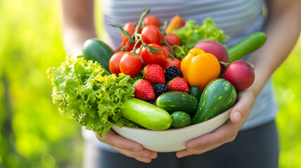 Poster - Close up Woman's hands holding a plate of vegetables