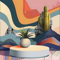 Sticker - Abstract Desert Landscape with Cactus and Plant on a Platform