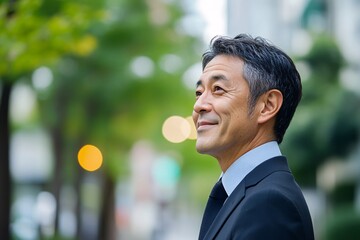 Confident man in a suit smiles while walking outdoors, surrounded by greenery and soft bokeh lights in the background.