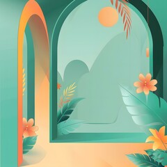 Wall Mural - Abstract Archway with Tropical Plants and a Green Background