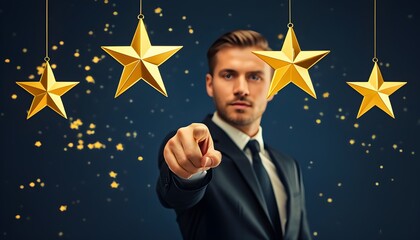 Wall Mural - Businessman gesturing confidently, surrounded by five golden stars representing success and achievement