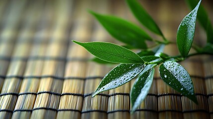 Poster - Fresh Green Leaves on Bamboo Mat : Generative AI