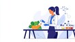 © Yelloone - AI interacting with lab-grown food research, futuristic lab filled with tech, flat design illustration
