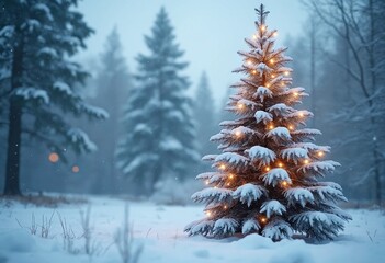 Wall Mural - Snow-kissed Christmas tree stands tall amidst a winter wonderland, copy space on a side