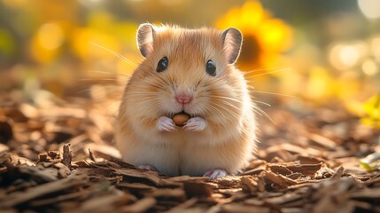 Wall Mural - Cute hamster holding a nut in its paws, with a blurred background of sunflowers.