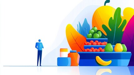 Lab-grown food distribution managed by AI, futuristic supermarket, flat design illustration