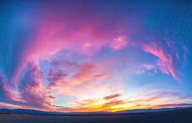 Beautiful sky with colorful clouds at sunset, panoramic view. The sky is blue and orange