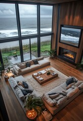 Wall Mural - Modern living room with large windows overlooking the ocean.