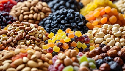 Vibrant assortment of nuts, dried fruits, and candies in a delightful close-up display