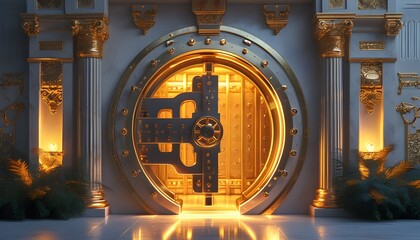 Wall Mural - Opulent golden vault door with intricate patterns, softly illuminated, radiating security and luxury through exquisite 3D photorealism