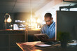 © peopleimages.com - Black man, tablet and glasses in dark office for finance, report or economy research for company development. Auditor, businessman or tech in workplace for deadline, accounting or business taxes