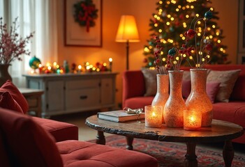 Aufkleber - Vibrant living room decorated for Christmas, adorned with colorful ornaments, frosted glass vases, bathed in warm golden lighting
