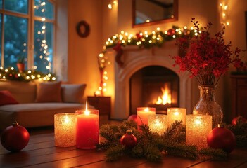 Aufkleber - Vibrant living room decorated for Christmas, adorned with colorful ornaments, frosted glass vases, bathed in warm golden lighting