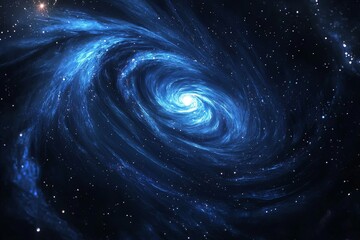 a swirling blue galaxy with bright core illuminated against the backdrop of countless stars and cosm