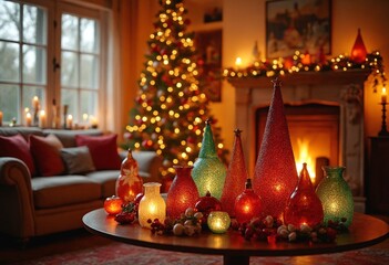 Aufkleber - Vibrant living room decorated for Christmas, adorned with colorful ornaments, frosted glass vases, bathed in warm golden lighting