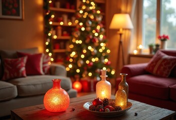 Canvas Print - Vibrant living room decorated for Christmas, adorned with colorful ornaments, frosted glass vases, bathed in warm golden lighting