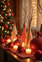 Aufkleber - Vibrant living room decorated for Christmas, adorned with colorful ornaments, frosted glass vases, bathed in warm golden lighting