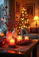 Poster - Vibrant living room decorated for Christmas, adorned with colorful ornaments, frosted glass vases, bathed in warm golden lighting