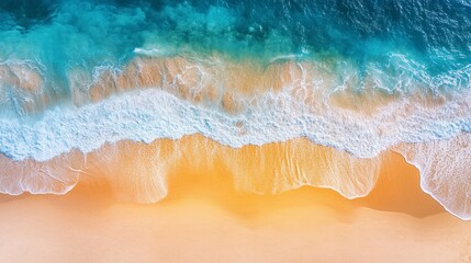 Sunny gold sandy beach, panorama. Panoramic view tranquil sandy beach. Peaceful sea waves shore. Ocean coast view. Aerial photography beachfront. generative ai