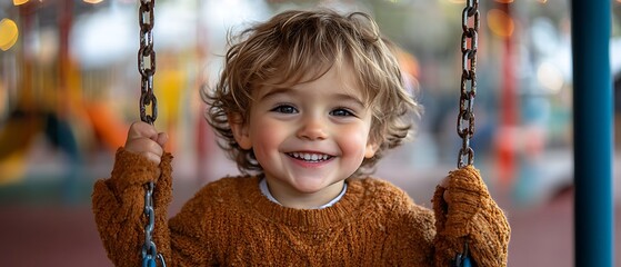 Happy toddler boy on a swing in a playground.