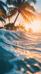 Tranquil closeup calm sea water waves with palm trees. Beautiful sunrise sunset sunlight. Tropical island beach landscape exotic shore coast. Summer vacation, holiday amazing nature. generative ai