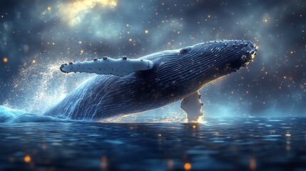 Humpback whale leaping out of the water in a starry night with splashing water.