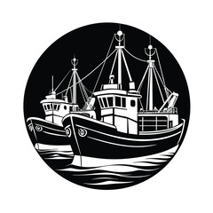 Wall Mural - Engraving Style Marine and Nautical Element - Fishing Boat