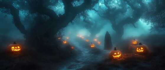 Wall Mural - Jack-o'-lanterns glow in a misty forest path with a mysterious figure in the distance.