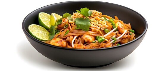 A delicious bowl of Pad Thai garnished with peanuts, lime wedges, and fresh herbs, perfect for a culinary delight.