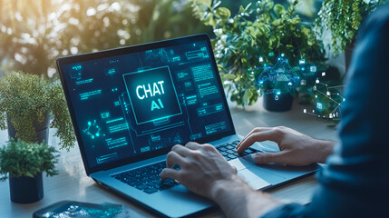 Wall Mural - Chat with AI, or Artificial Intelligence technology. Man using a laptop computer chatting with an intelligent artificial intelligence asks for the answers he wants.  Smart assistant futuristic