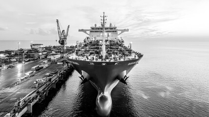 Monochrome Maritime Majesty: A colossal cargo ship commands attention as it docks, its imposing bow dominating the harbor in a timeless black and white composition. 