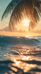 Tranquil closeup calm sea water waves with palm trees. Beautiful sunrise sunset sunlight. Tropical island beach landscape exotic shore coast. Summer vacation, holiday amazing nature. generative ai