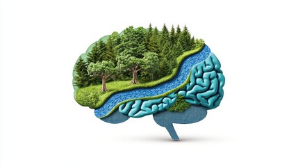 Creative concept of an eco-friendly brain made of trees and a river, symbolizing environmental awareness and sustainable thinking.