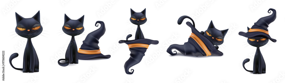 Halloween black witch cat in wizard hat sticker set. 3d render of cute ...
