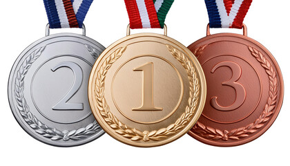 Set of gold, silver and bronze medals with ribbons isolated on transparent background. 