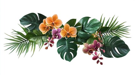 Wall Mural - Tropical vibes plant bush floral arrangement with tropical leaves Monstera and fern and Vanda orchids tropical flower decor on tree branch liana vine plant isolated on white background.generative ai