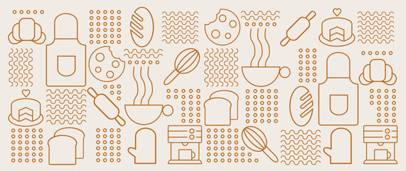 hand drawn illustration of bakery and coffee. icons. abstract geometric line background. gold luxury